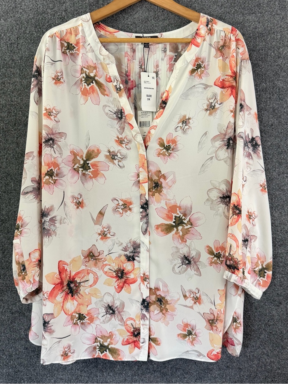 NYDJ Womens 3X Watercolor Floral Top MulticolorSplit V Neck Office Feminine